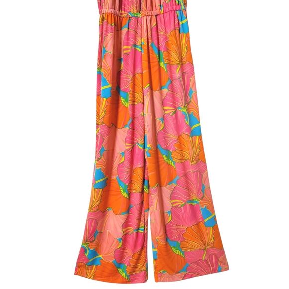 Trina Turk Juju Ginko Printed Jumpsuit Size L Pink Orange Flared Womens - Picture 3 of 11